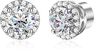Moissanite Magnetic Earrings for Men : 18K White Gold Plated Hypoallergenic Stainless Steel Non Piercing Clip on Fake Earrings Studs Halo Round Square Diamonique Earring Women D Color VVS1