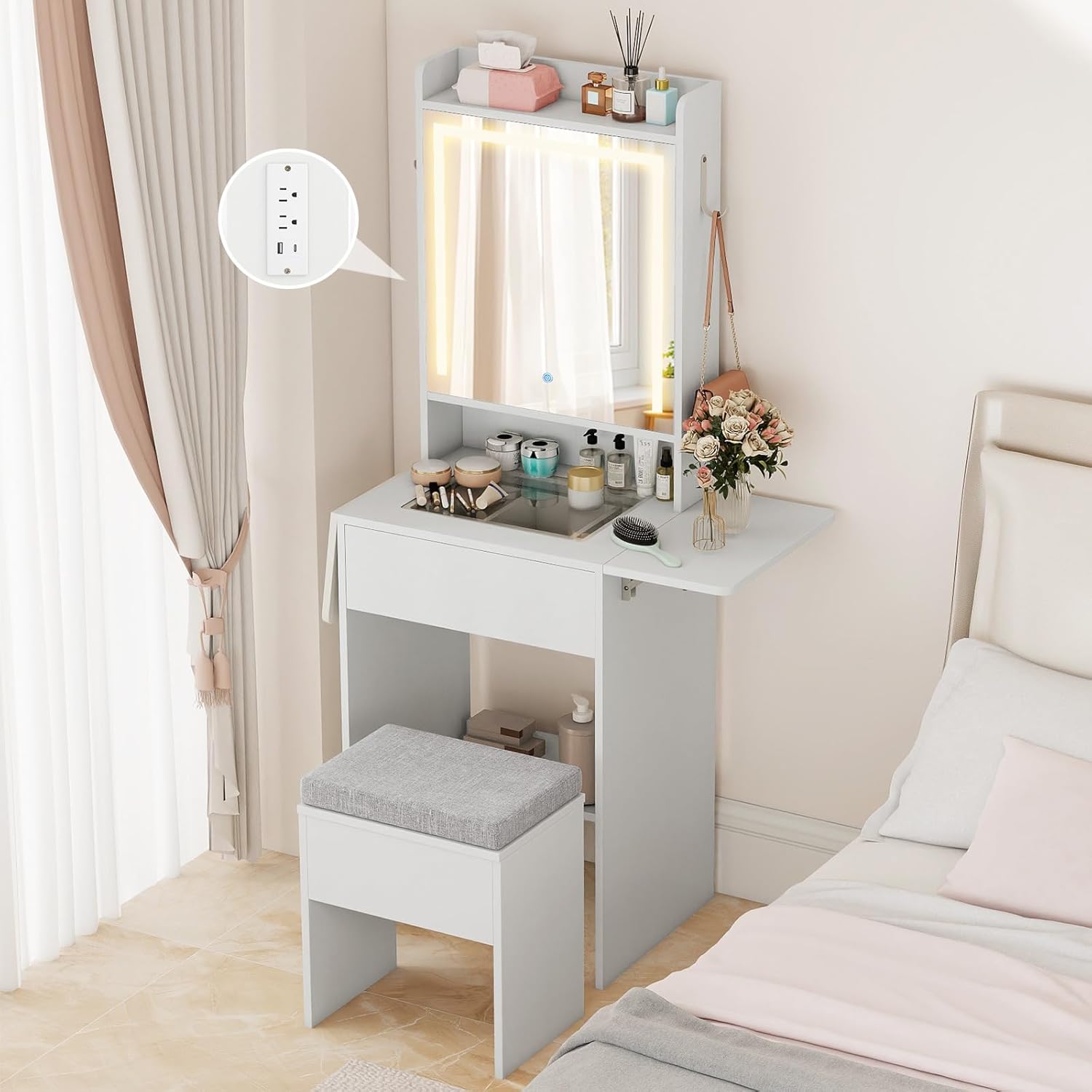 LOKO Narrow Vanity Desk with Mirror & Lights, Space-Saving Makeup Table with Stool, Glass Tabletop, 2 Drop Leaf Tables, Charging Station, Hidden Storage, Small Dressing Station for Bedroom (White)
