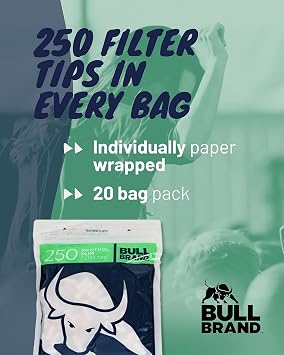 BULL BRAND Menthol Filter Tips - Quality Paper Wrapped Slim Menthol Filters with Cool Taste in Re-Sealable Bag for Freshness - 20 Packs of 250 Pieces (Total 5000 Pieces)
