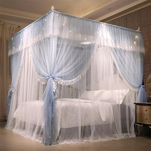 Miniatura 3 de VETHIN Cortina de 4 esquinas con volantes de princesa, doble capa, mosquitera acogedora de 4 aberturas para decoración de dormitorio de niñas y
