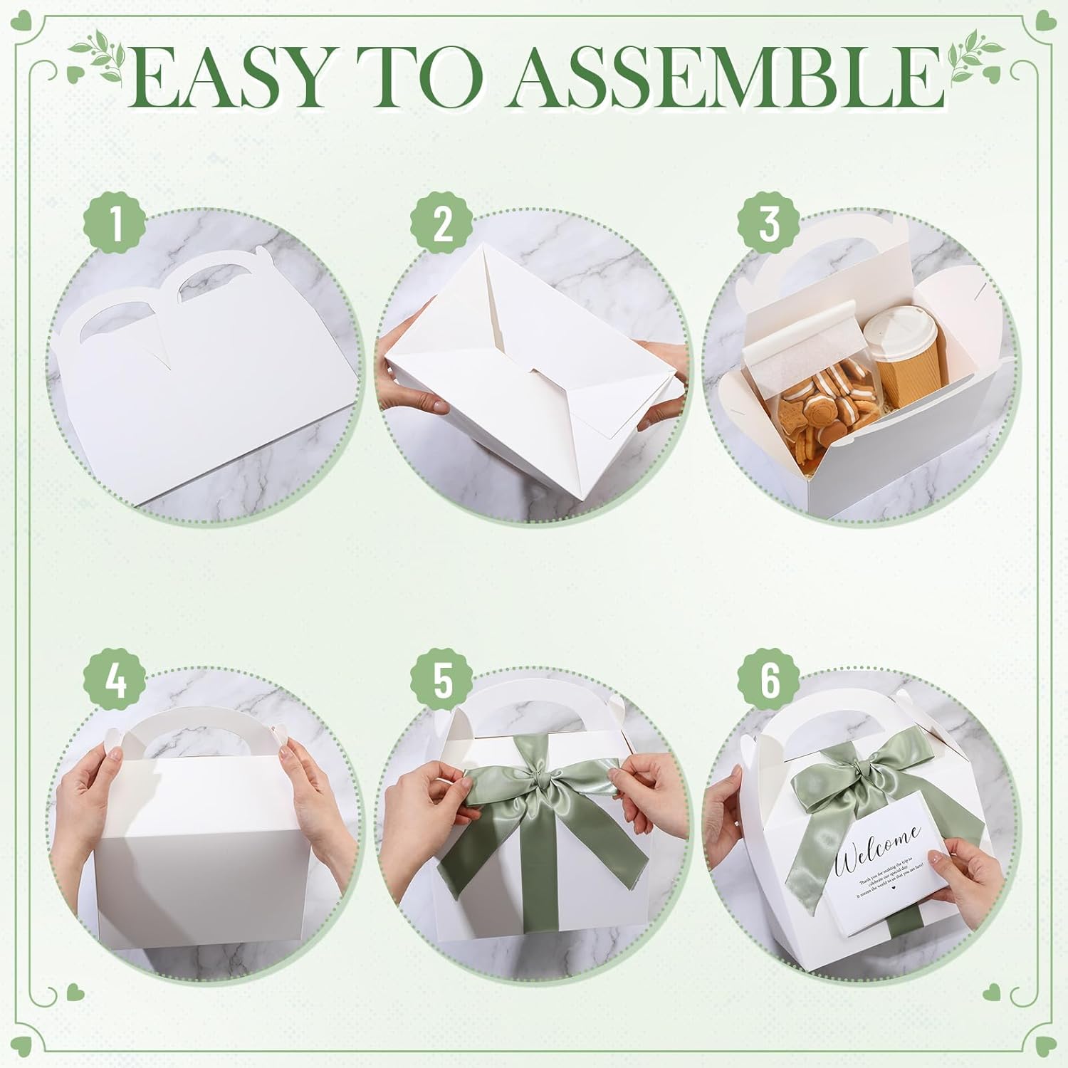 Maitys 24 Set Welcome Gable Boxes with Ribbon and Label 9x6x6'' Wedding Gift for Guests Large Paper Welcome Boxes for Wedding Bridal Baby Shower Party Favors (Sage Green)