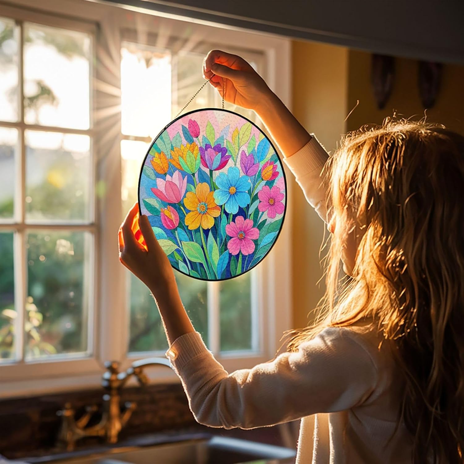 Stained Glass Window Hanging 10in Window Suncatcher Glass Panel with Metal Chain Abstract Colorful Spring Colorful Flowers Sun Catchers Wall Art Home Decor Gift for Women Mother's Day