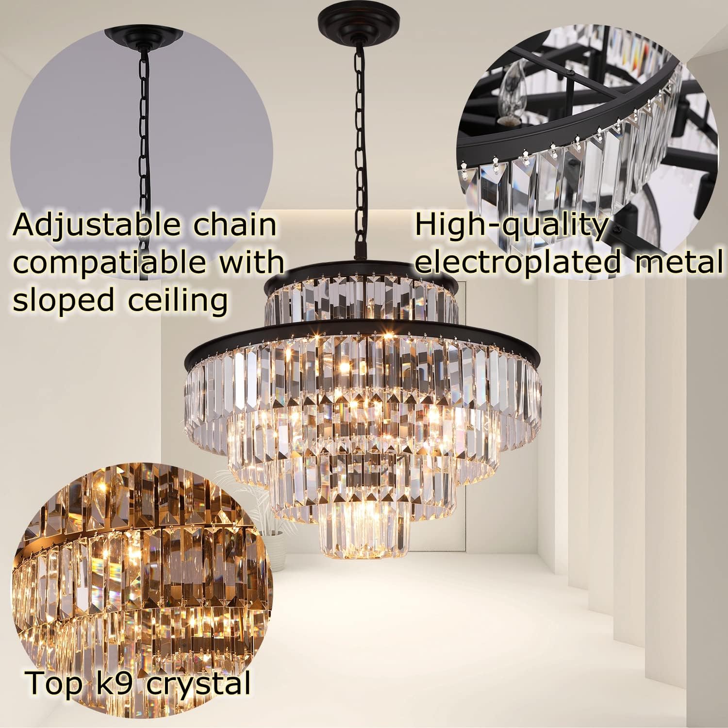 GMlixin Black Modern Crystal Chandelier Pendant Ceiling Lights Chandeliers Lighting Fixture for Dining Living Room Foyer Hallway 12-Lights (Dia 24 Inch) : Everything Else