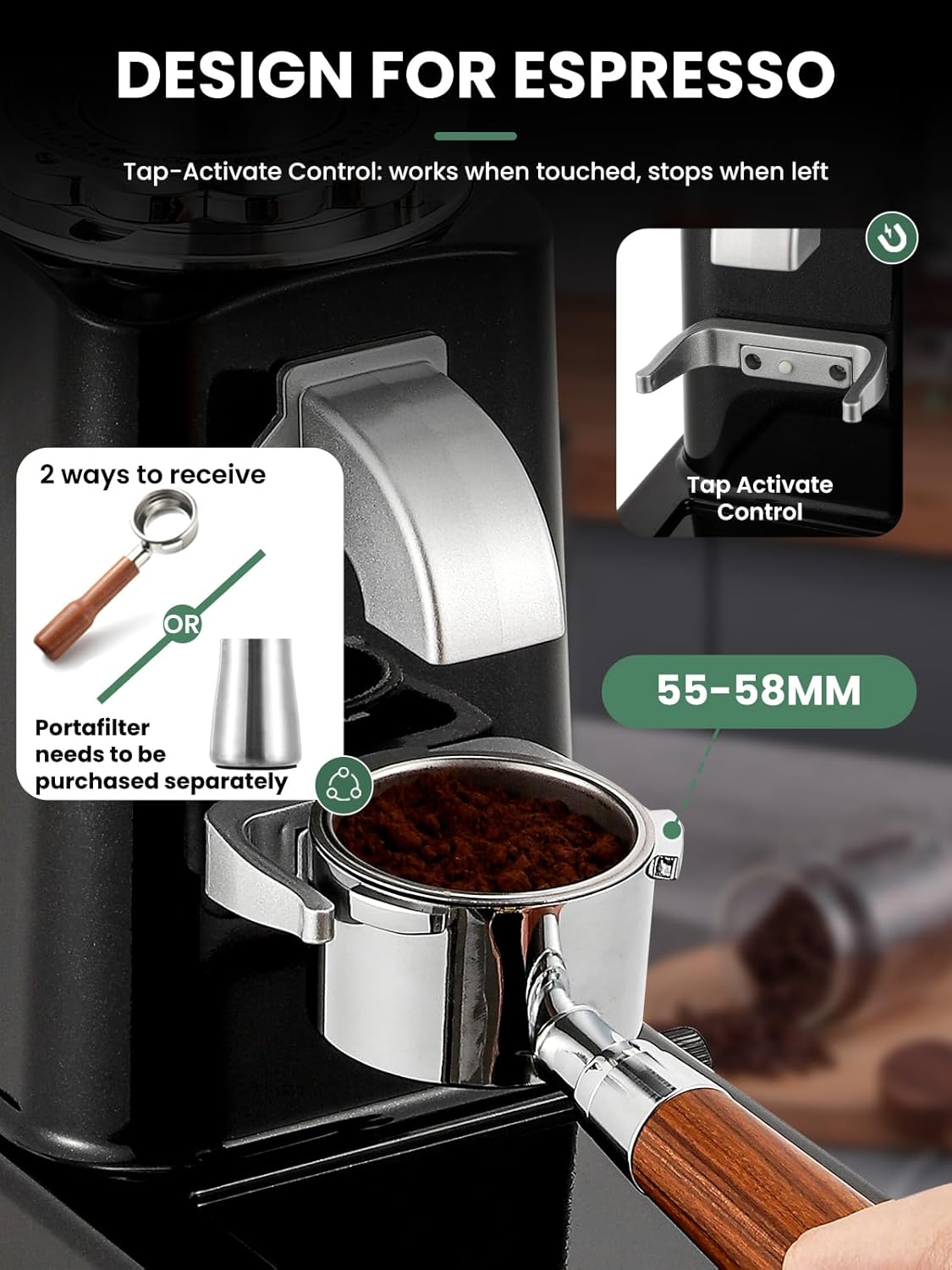 Huanyu Flat Burr Coffee Grinder with 19 Grinding Settings Large Capacity 35oz Black and Huanyu Commercial Coffee Grinder with 64mm Flat Burr Anti-Flying Grounds Outlet 26oz Lotus Hopper Bundle