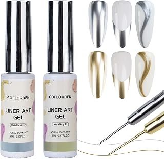 Metallic Gel Nail Polish 2pcs Gold and Silver Metallic Liner Gel Nail Art 3D Effect Thin Brush For Swirl Soak Off DIY at Home Salon Quality Gift for Women 8ML
