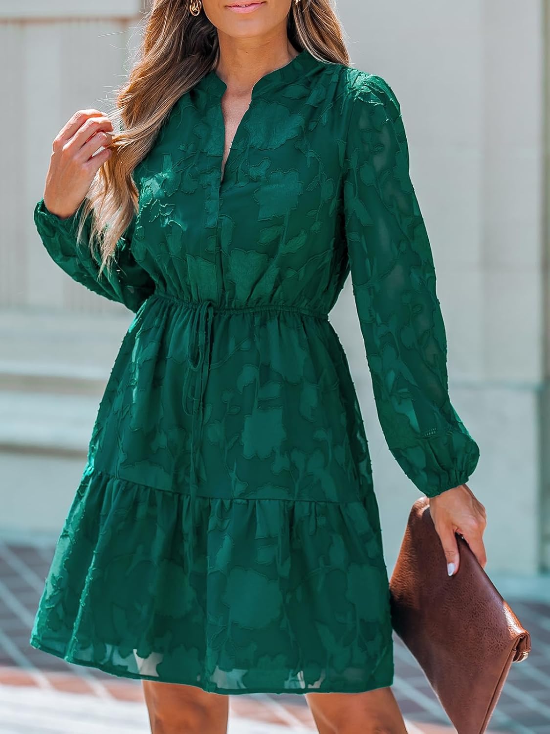 CUPSHE Women Ruffle Lace Mini Fall Dresses Semi Formal Wedding Guest Dress V Neck Long Puff Sleeve Elastic Waist Tie - Image 4