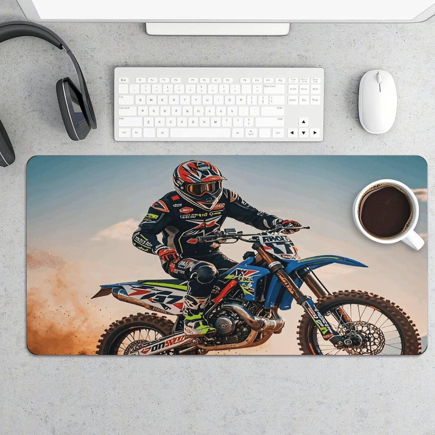 Waterproof Desk Mat 24x12 in Oversized Sport Motorcycle Motocross Desk Pad with Non-slip Rubber Base Smooth Surface Gaming Mousepad for Mouse & Keyboard Portable Foldable for Home Office Desktop Decor