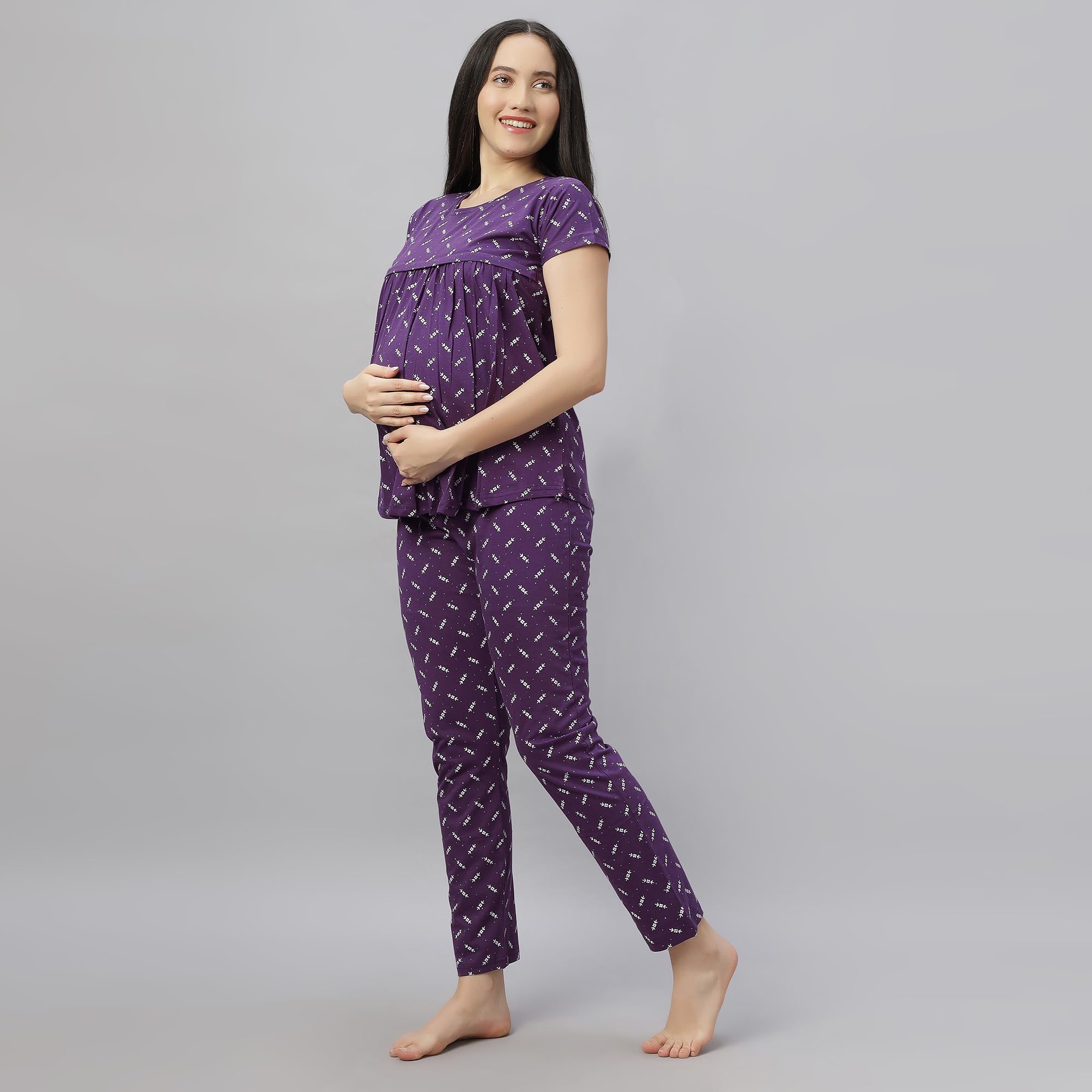 DZZO Women's Cotton Printed Maternity Night Suit | Comfortable Feeding Night Dress | Soft & Breathable Nursing Pajama Set | Color - Purple, Size - XL - Image 2 thumbnail