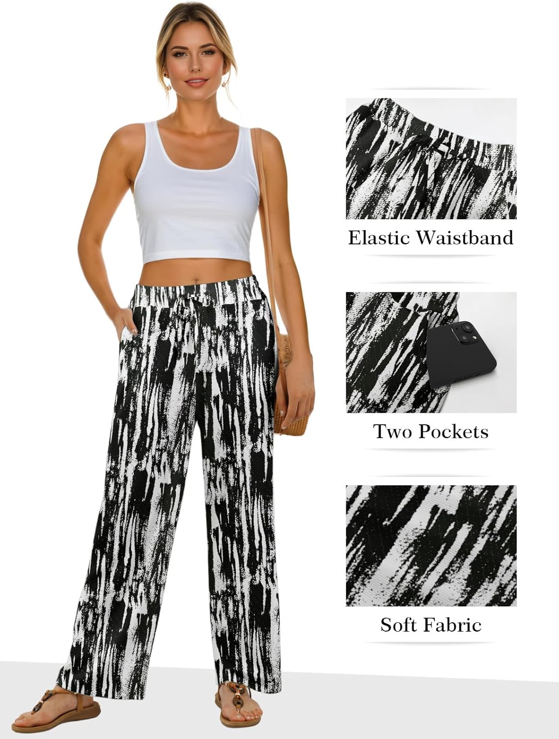 Feiersi Womens Wide Leg High Waisted Palazzo Pants Casual Stretchy Ribbed Trousers with Pockets - Image 4