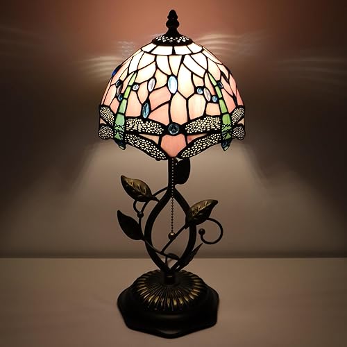 Miniatura 2 de Small Tiffany Lamp Pink Dragonfly Style Stained Glass Table Lamps Desk Bedside Reading Light 8X8X18 Inches with Bronze Metal Leaf Resin Base Pink