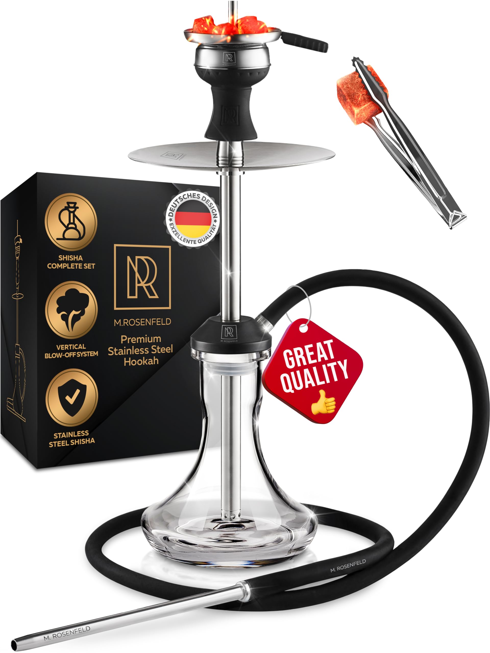 Shisha Pipe Set Stainless Steel Complete Travel Shisha with Shisha Accessories - Hookah Pipe Set including 40 cm Shisha Hose with Mouthpiece M. ROSENFELD