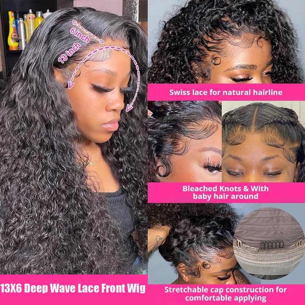 JTMMP Deep Wave 13x6 Human Hair Lace Front Wig, Black