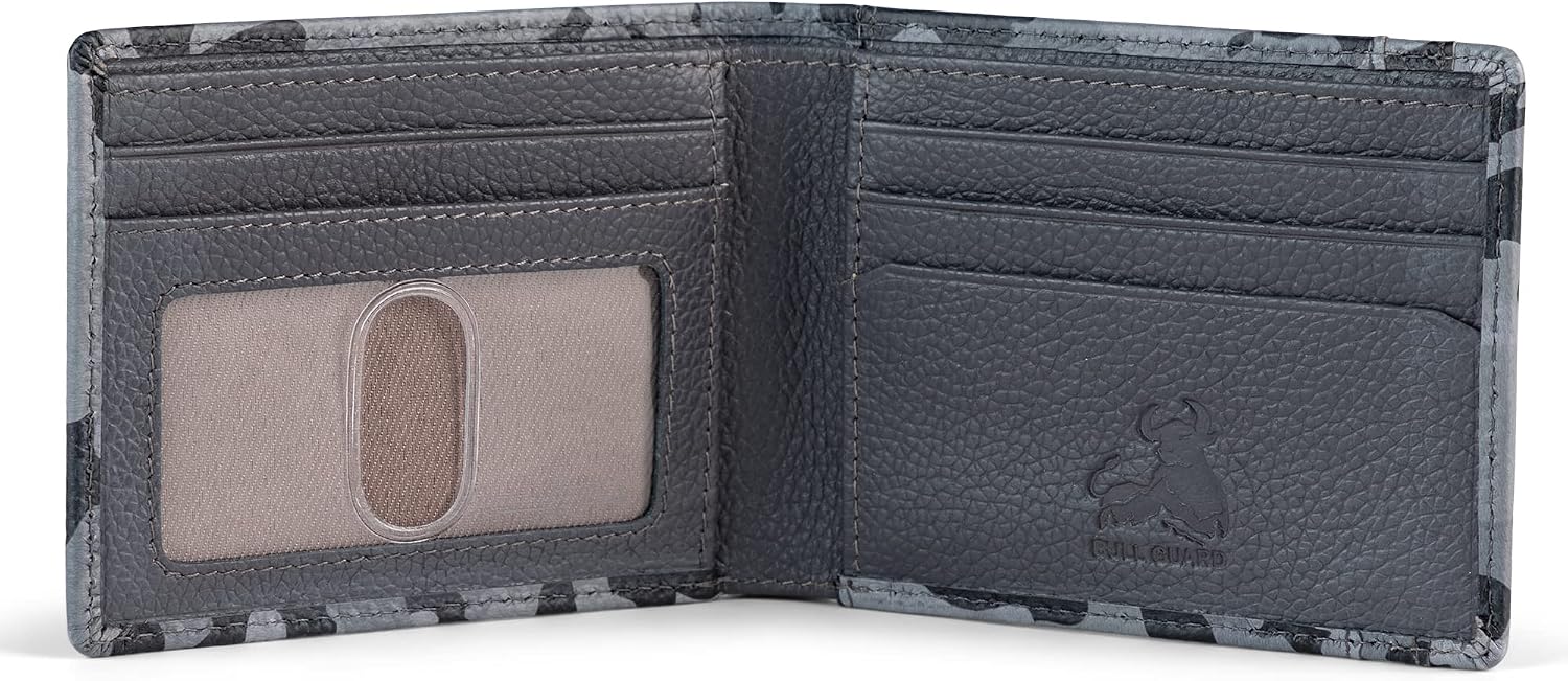 BULL GUARD Camo Wallets for Men in Full Grain Genuine Leather, RFID Protection, Multi-Compartments, Mens Bifold Wallet - Military Pattern Camo Wallet for Daily Use and Adventure