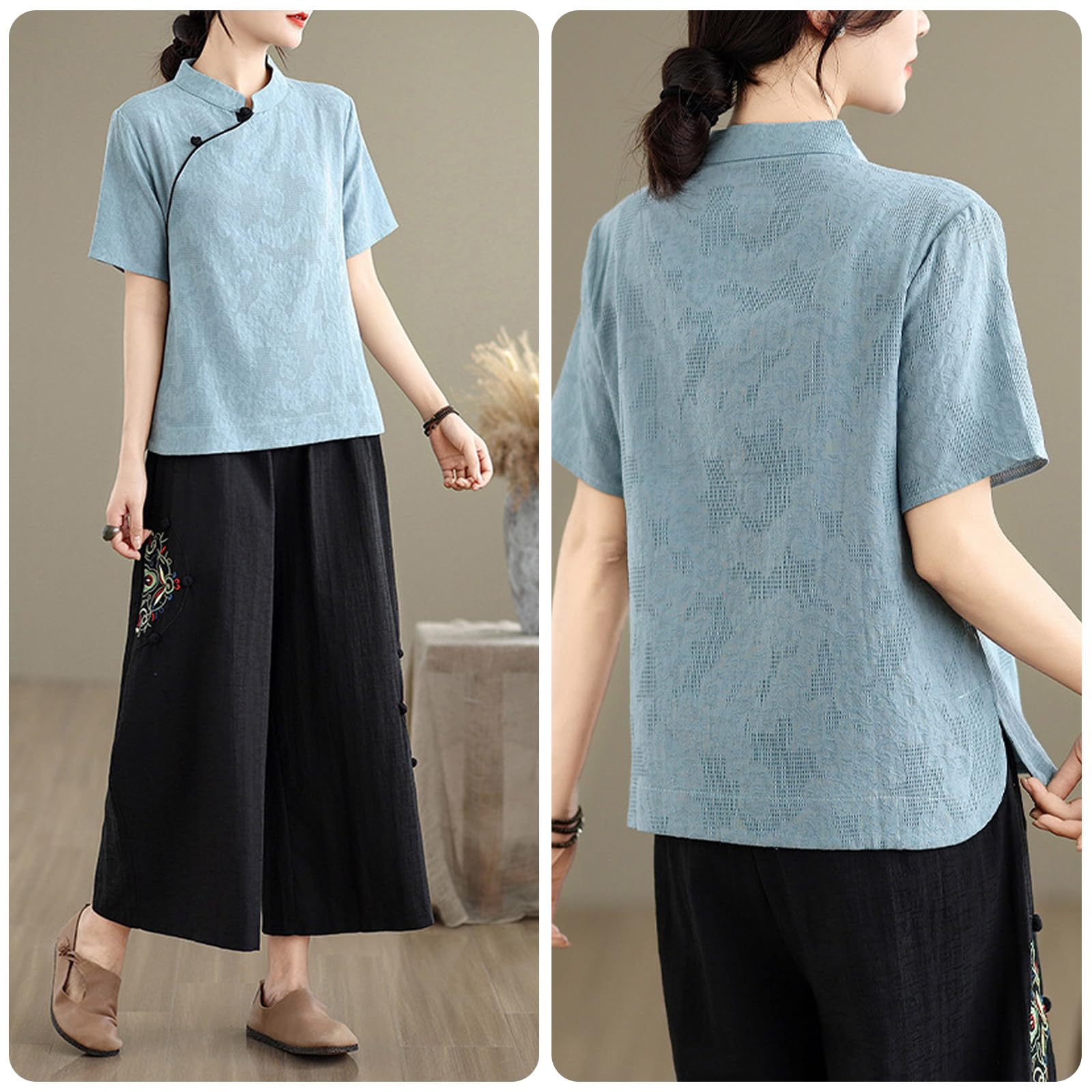 CHUIKUAJ Tenue de Tai Chi à Manches Courtes pour Femme, Ensemble Rétro en Coton et Lin, Tenue de Méditation Zen, Chemise Jacquard de Style Chinois + Pantalon Brodé