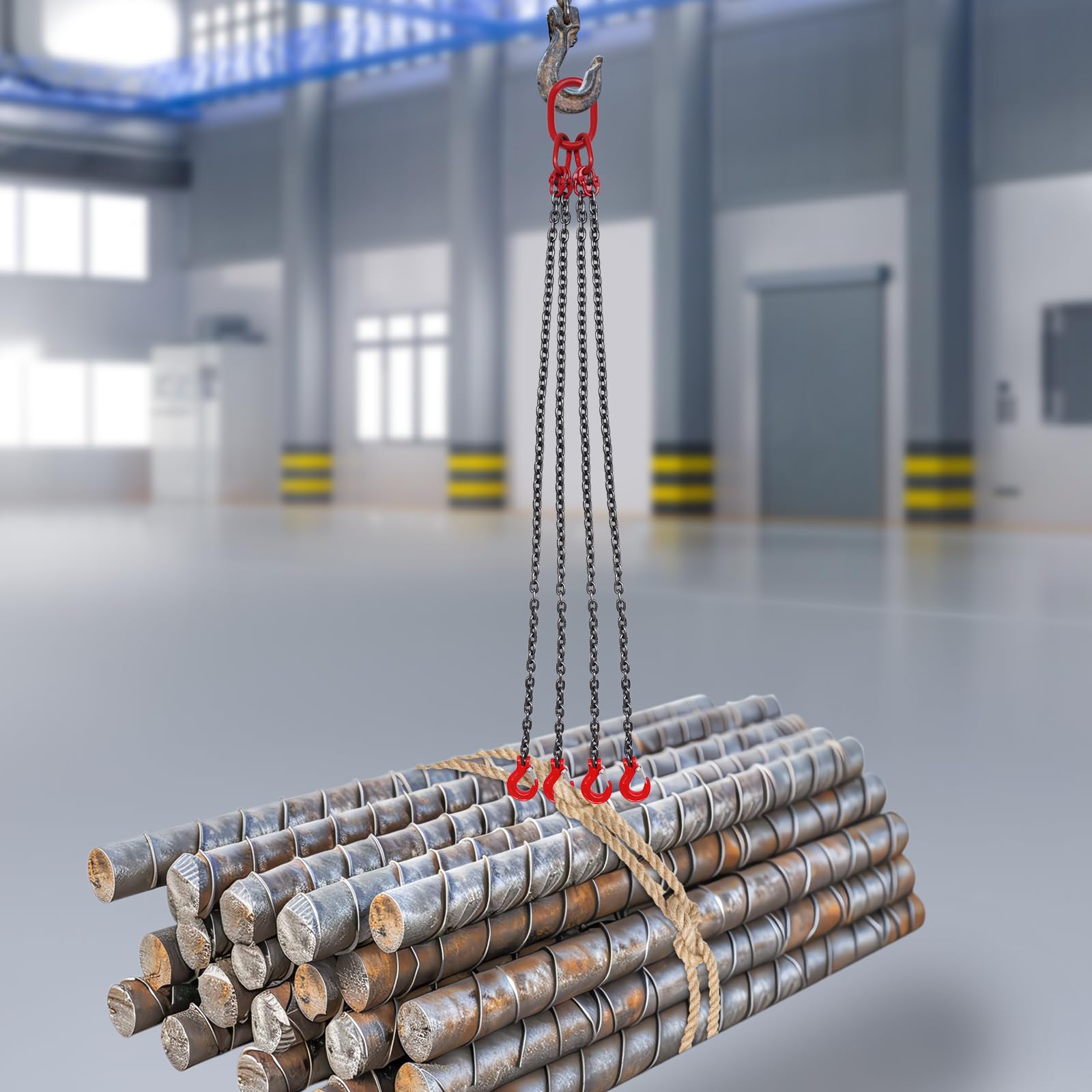 4-Strang G80 Kettengehänge 1,5 Meter, 5 Tonnen Anschlagketten Set, G80 Forstkette mit Gabelkopfhaken, Schwerlast Hebekette für Industrie und Logistik für Werkstatt, BAU und Materialtransport