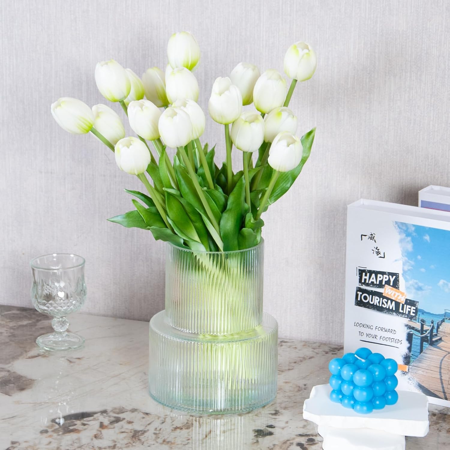 20 Pcs Real Touch Artificial Tulips with Vase, Large Faux Flower Arrangement in Heavy Fluted Glass, Bouquet for Dining Table Centerpiece, Home Office, Spring Decor, Set with Dust Bag (White)