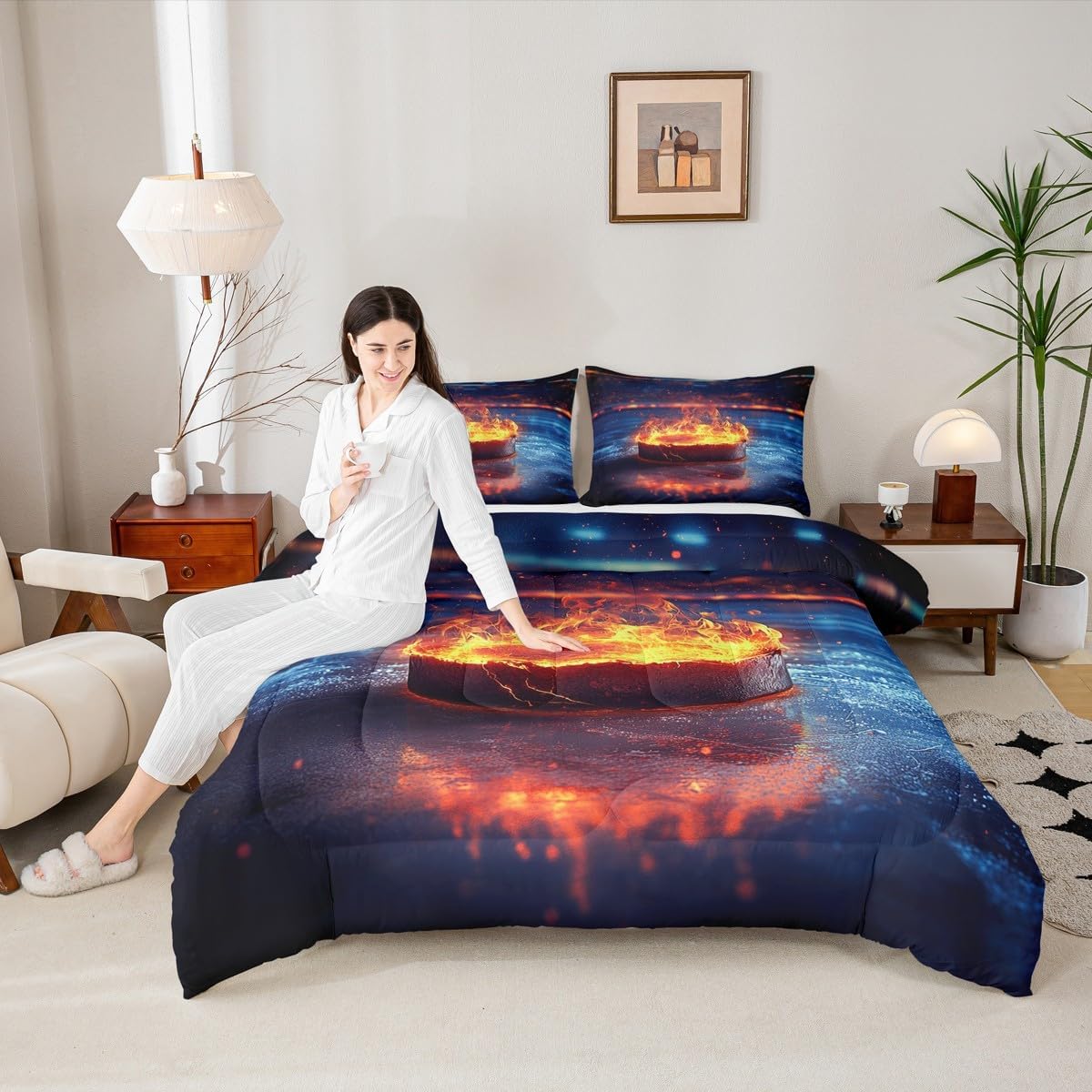 Feelyou Ice Hockey Bedding Set Toddler Size Ice Sports Games Comforter Set for Kids Teens Adults Hockey Player Duvet Quilt Puck Hockey Room Decor 2Pcs with 1 Pillow Case All Season Soft