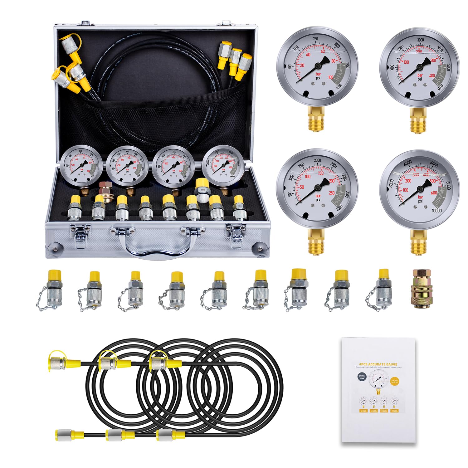 Kit de prueba de presión hidráulica con 4 manómetros (máximo 10 000 PSI), 10 acoplamientos de prueba, 3 mangueras de prueba, juego de comprobador de manómetros de nitrógeno hidráulico para excavador