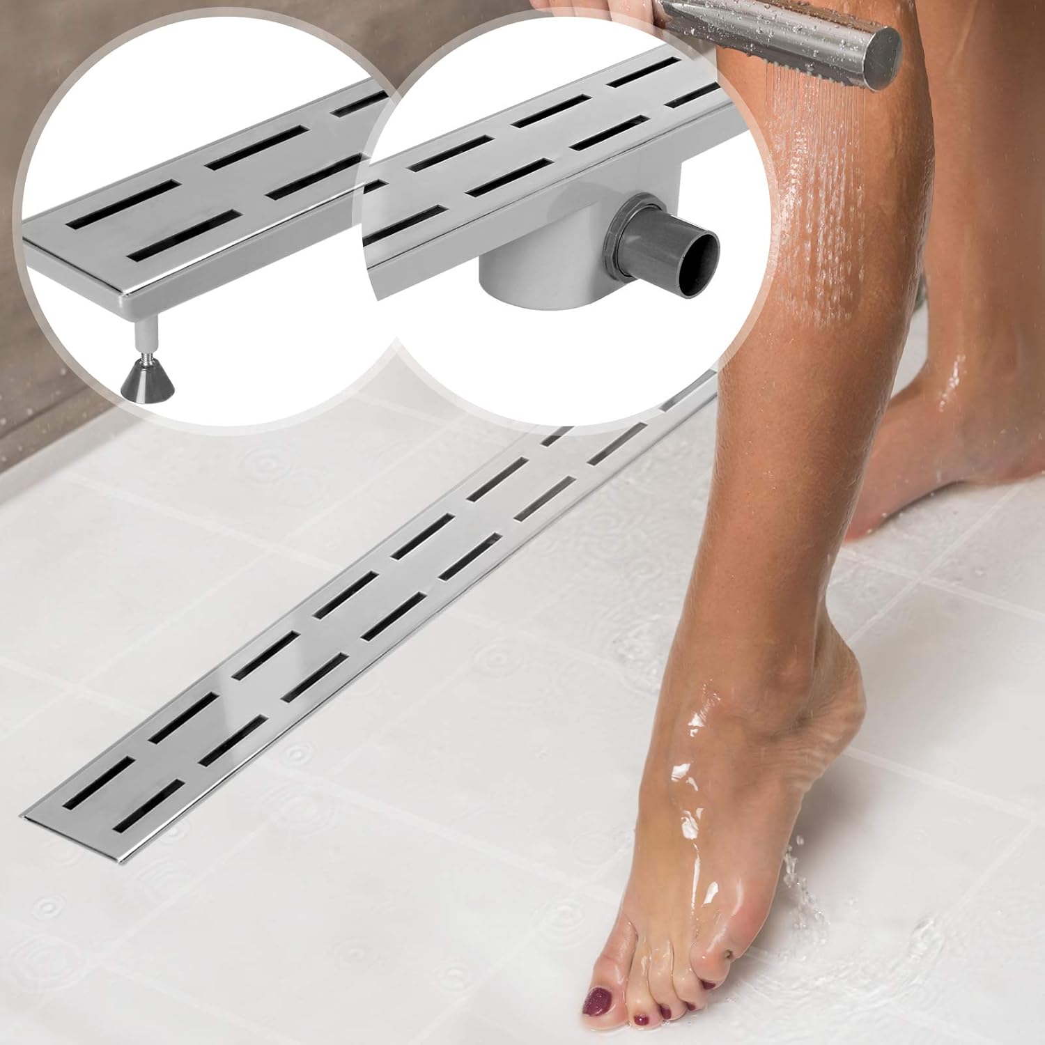 Canalina Doccia A Pavimento 75 Cm Con Griglia E Scarico Incluso In Acciaio Inox Cromato 56931876