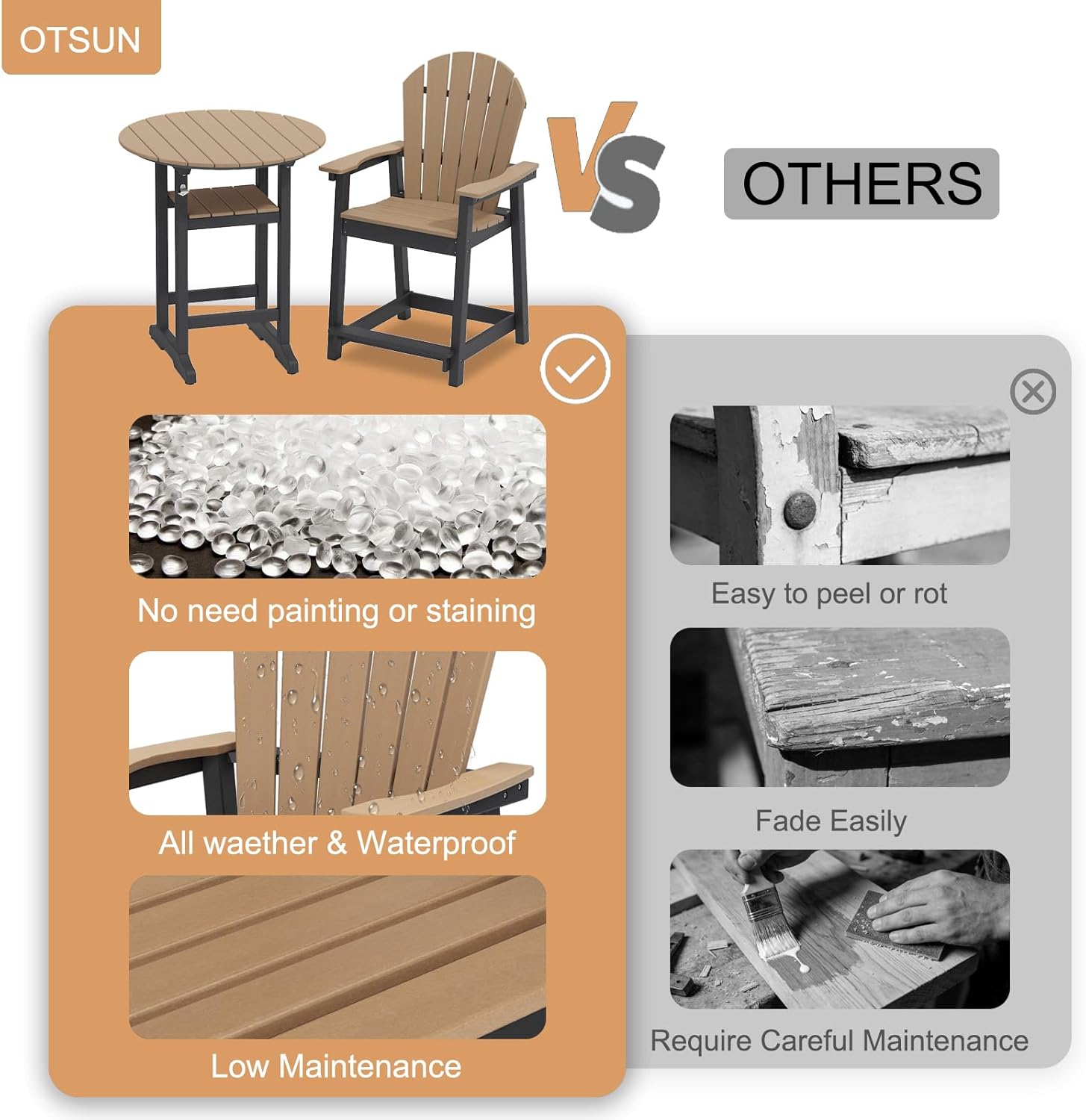 OTSUN Outdoor High Top Adirondack Table and Chairs, All Weather Outdoor HDPE Bar Furniture Set for Balcony, Deck, Backyard, Patio, Garden