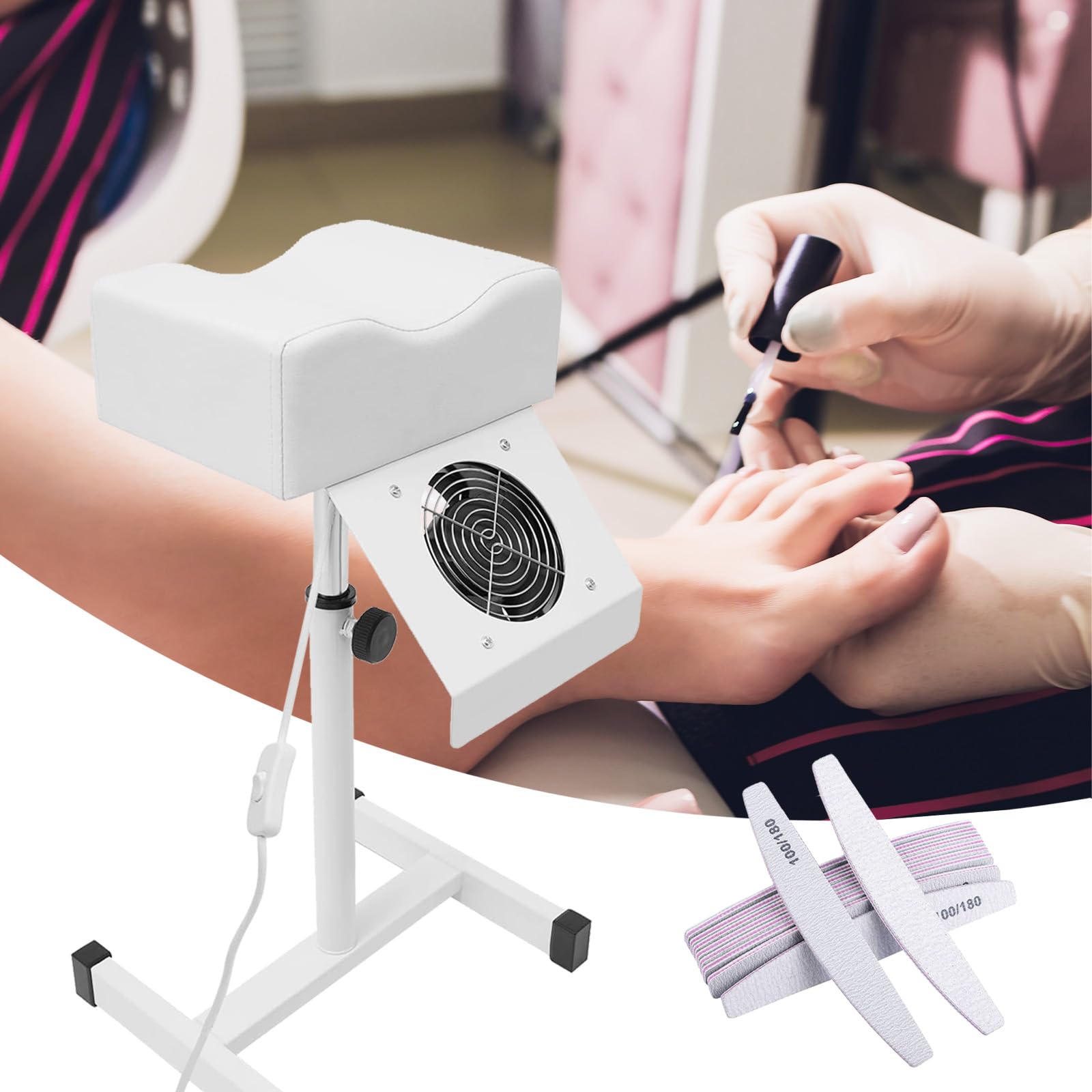 Silla de Pedicura Móvil BONJUME, Reposapiés con Altura Ajustable de 48-80CM, para Salón de Belleza y Estudio de Uñas, Blanco, Material: Acero y Piel Sintética