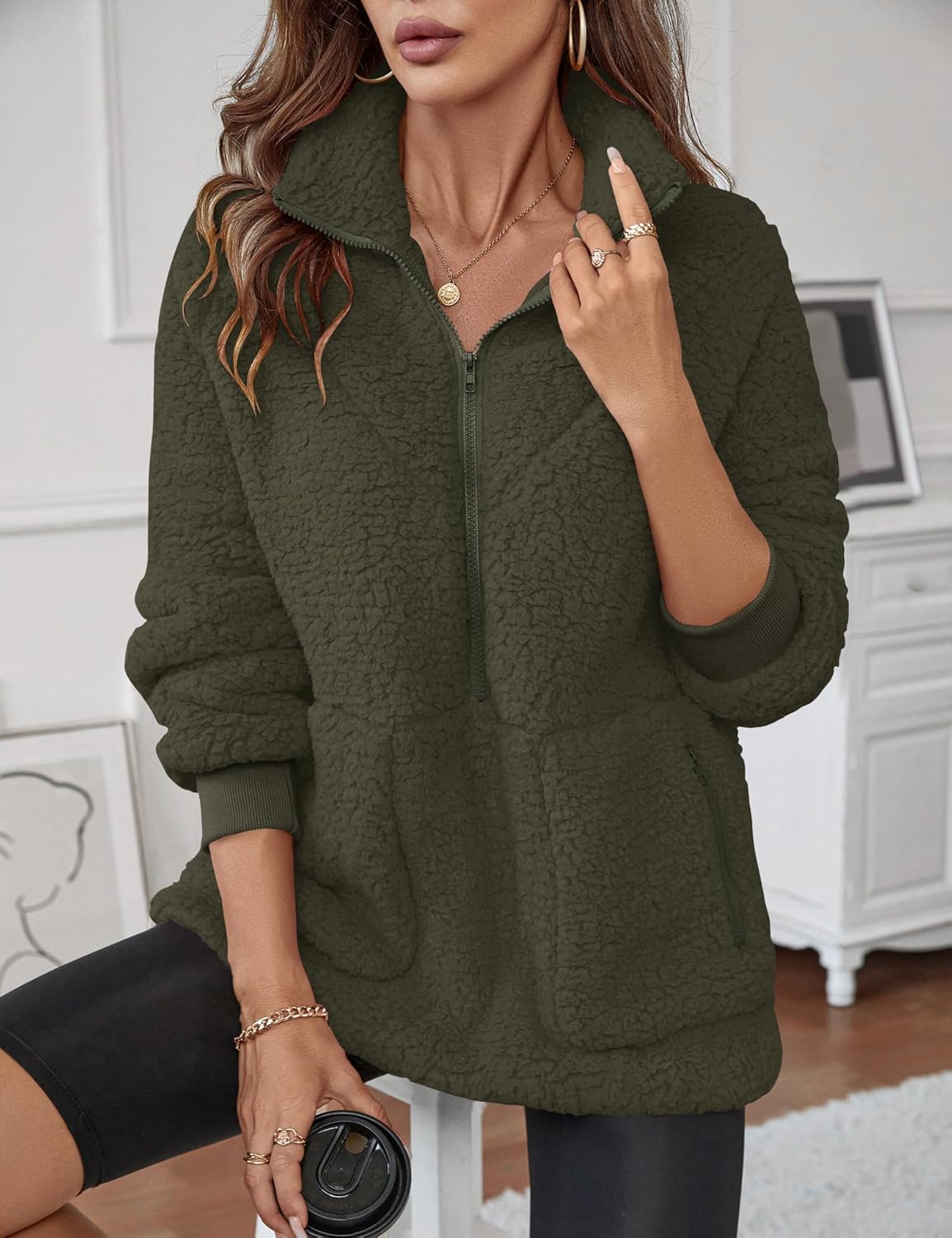 Rapbin Women Half Zip Pullover Long Sleeve Casual Fuzzy Sherpa Fleece Jacket Sweatshirts Winter Outerwear Top with Pockets - Image 3