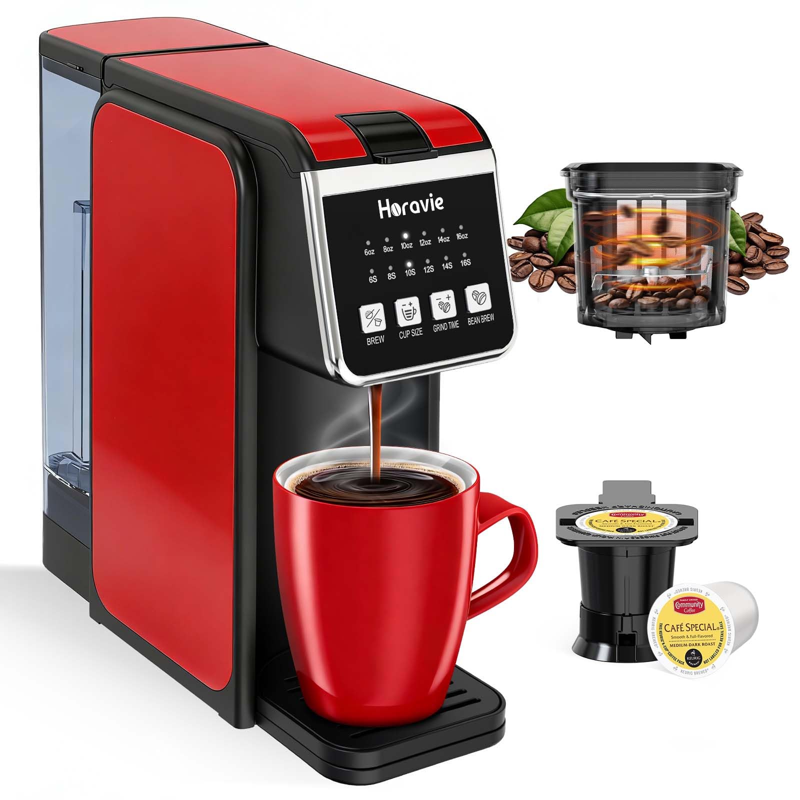 Horavie Single Serve Coffee Maker with Built-in Grinder, Fast Brew 6-16oz Single Cup for Whole Beans, Grounds, K Pod, Grind and Brew Coffee Maker with 47oz Water Tank, Descaling Alert, Black — view 8