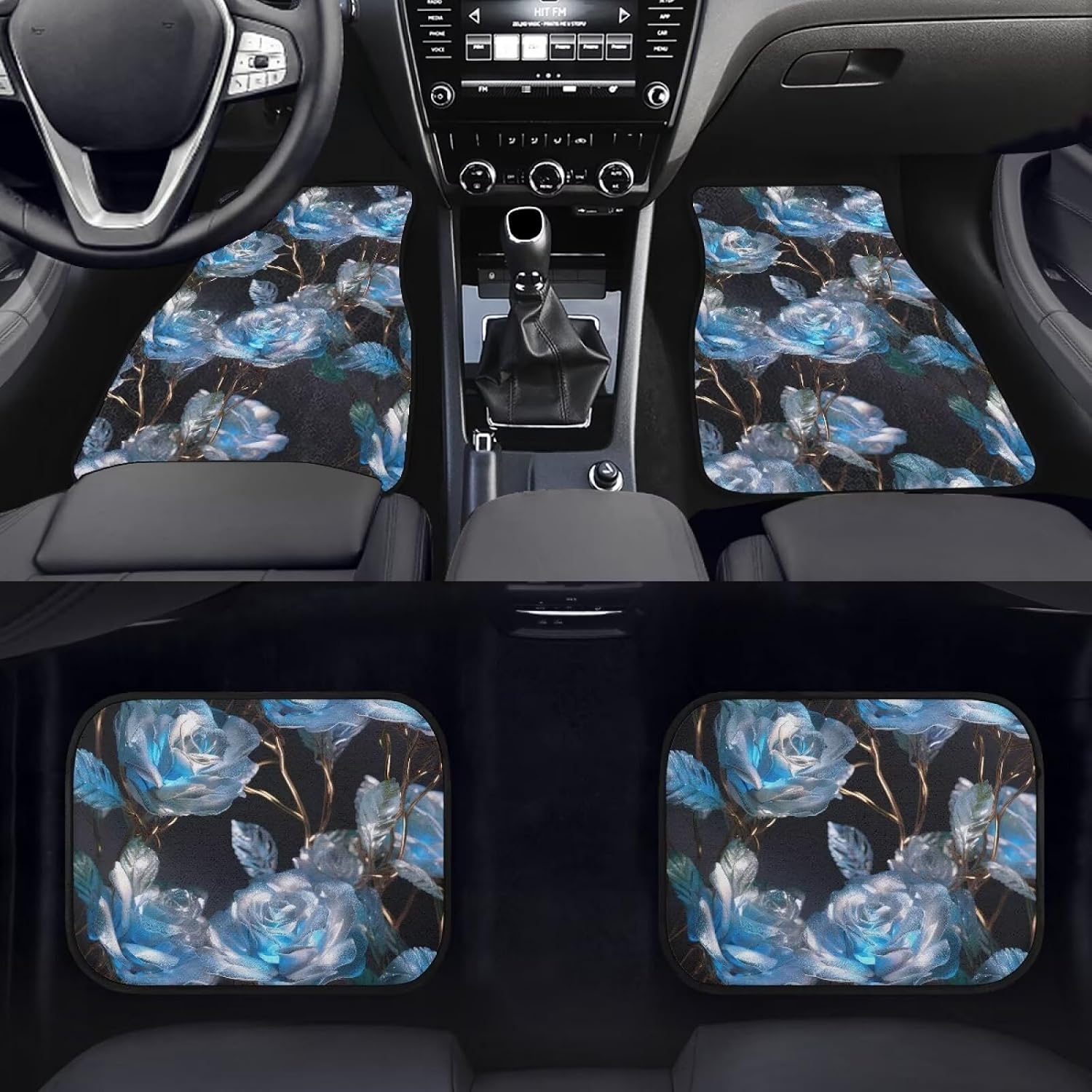 Crystal Rose Car Rubber Floor Mat Blue Crystal Rose Flower 4PCS Front and Rear Mats Rubbers Non Slip Floor Mats Heel Pad Art Aesthetics Designer Fit for SUV Van Truck