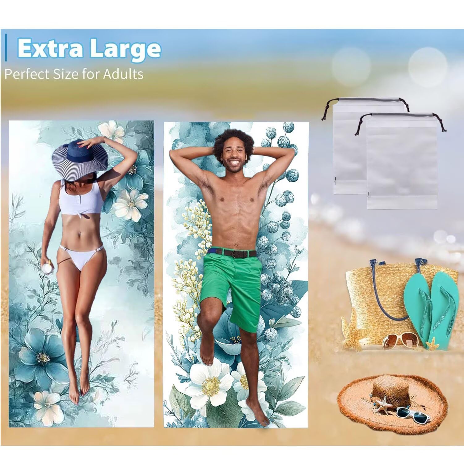 Ręcznik plażowy 90 x 200 cm, zestaw 2 dużych ręczników z mikrofibry szybkoschnący, chłonny, kompaktowy, ręcznik kąpielowy bez piasku lato koc plażowy damski do kąpieli prezent (wiosenne kwiaty) H-207
