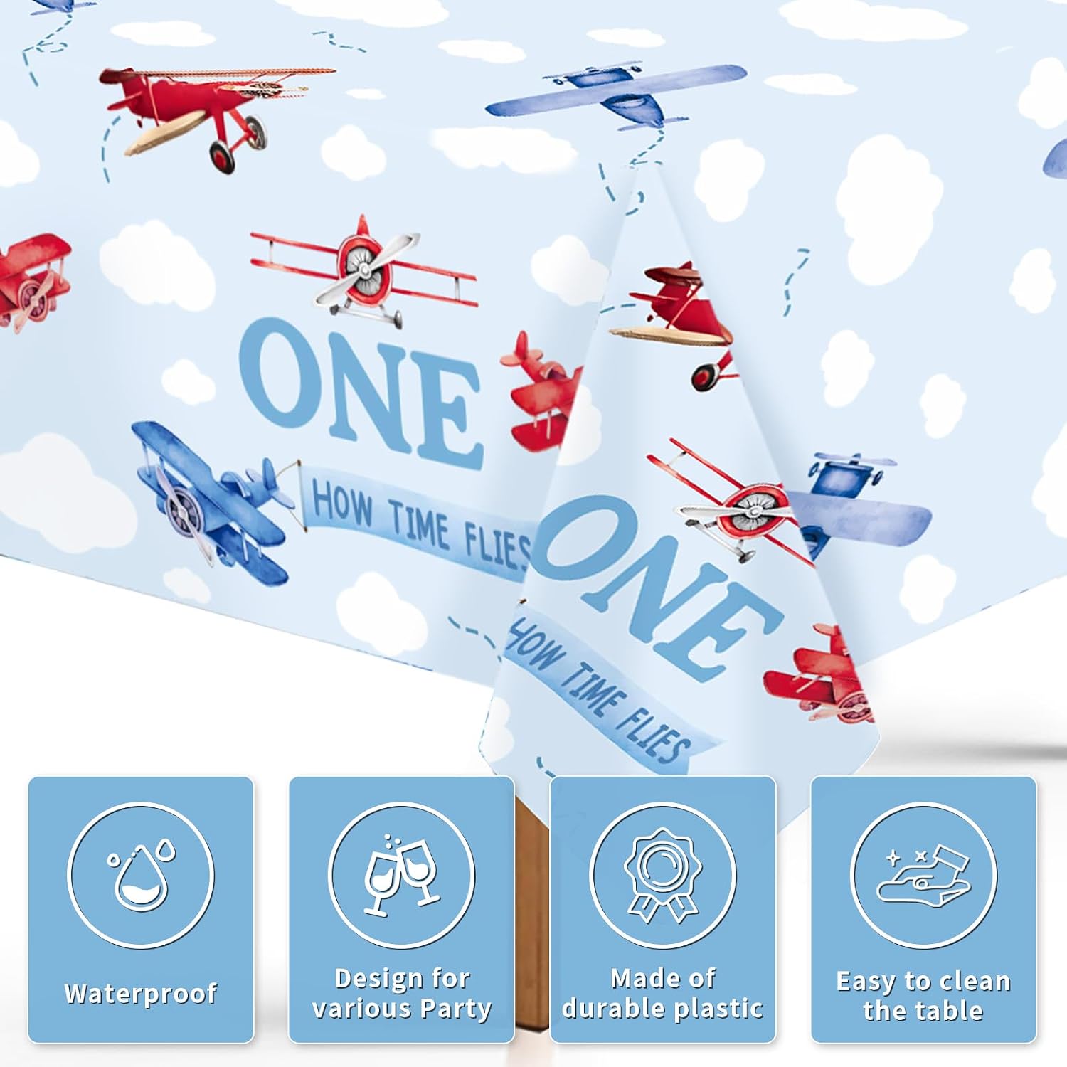 3Pcs Airplane 1st Birthday Tablecloth Time Flies 1st Birthday Decorations Airplane Plastic Table Cloth Waterproof Airplanes Disposable Table Cover for Boy Baby Shower Ones Year Old Party 54 x 108 Inch