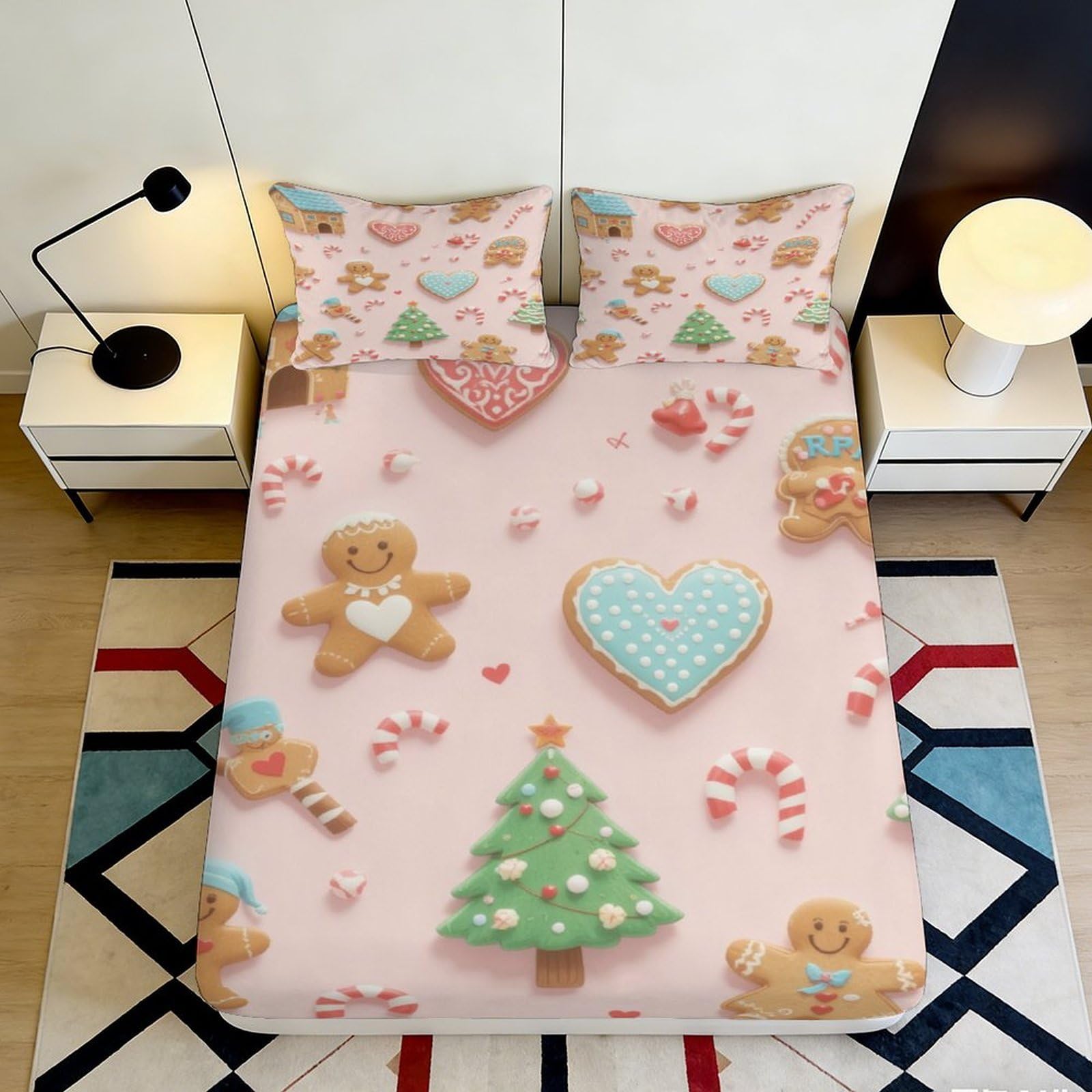 Pnayamiorkfel Style-7 3D Printed Gingerbread Christmas Fitted Sheet Microfiber Pink Candy Cane Bed Cover For Bedroom Guestroom Decor 90X200x25cm