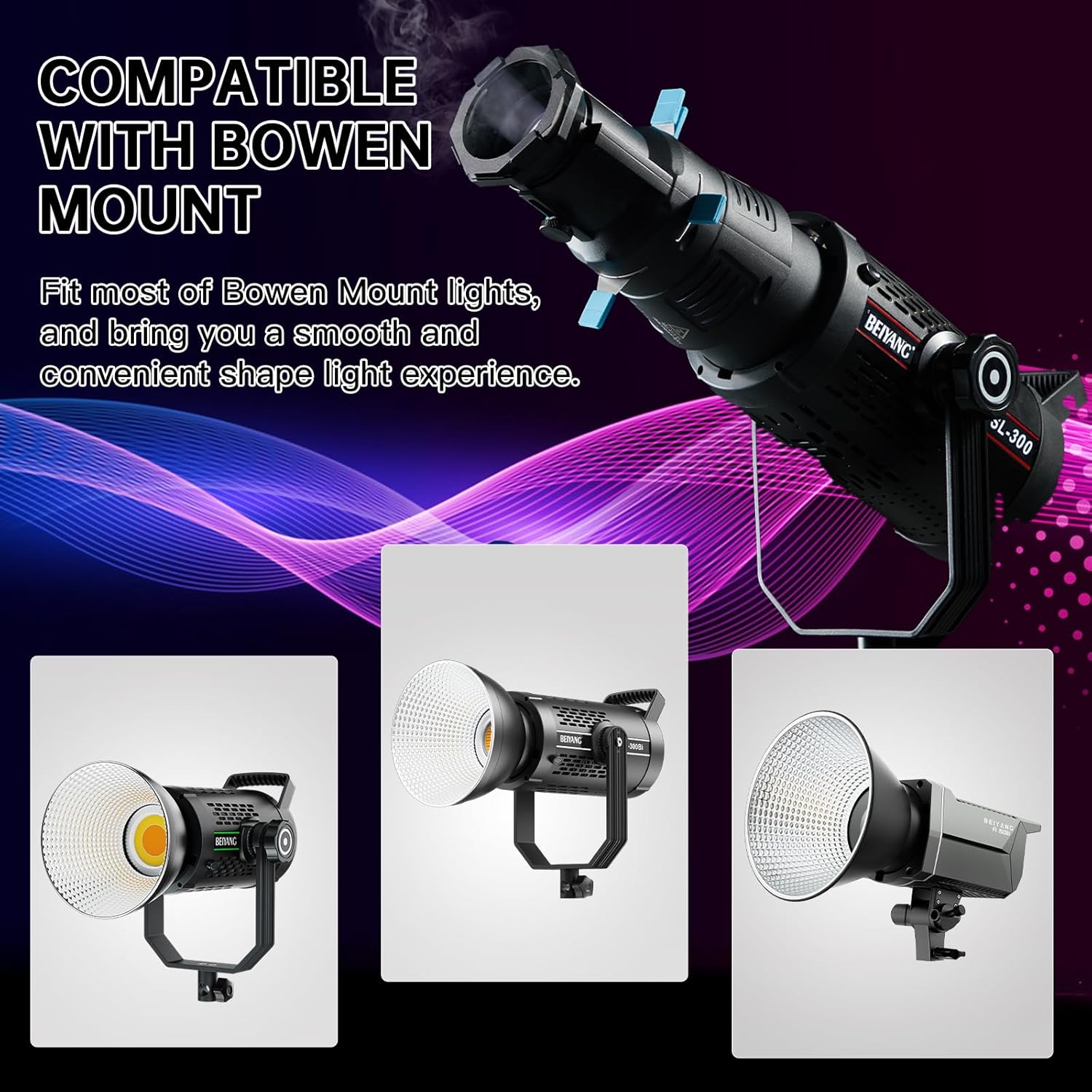 BEIYANG Bowens Mount Projector Attachment with 4 Color Filters and 20 Gobos, Spotlight Conical Optical Snoot kit for Flash Speedlite, Monolight Portraits, Compatible with Aputure Amaran, Godox SL60