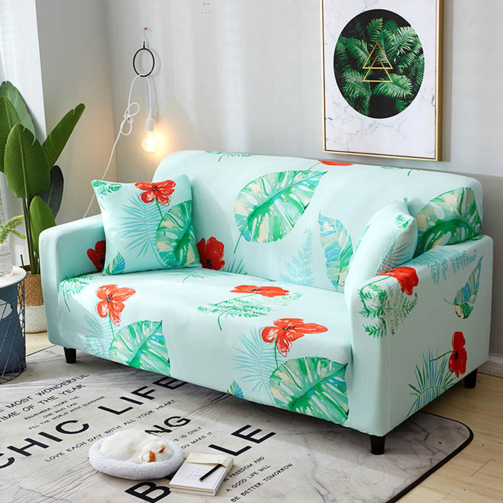 Funda para sofá elástica 4 plazas con brazos y funda de almohada hojas verdes