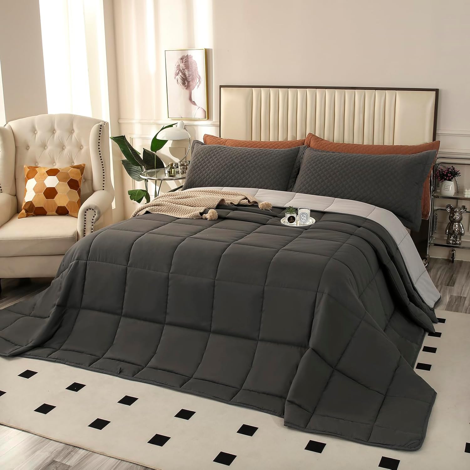 Oversized King Plus Comforter, 128x120 Extra Large King Size Quilts 3 Pieces, Lightweight Reversible All Season Down Alternative Duvet Insert Comforter with 8 Corner Tabs