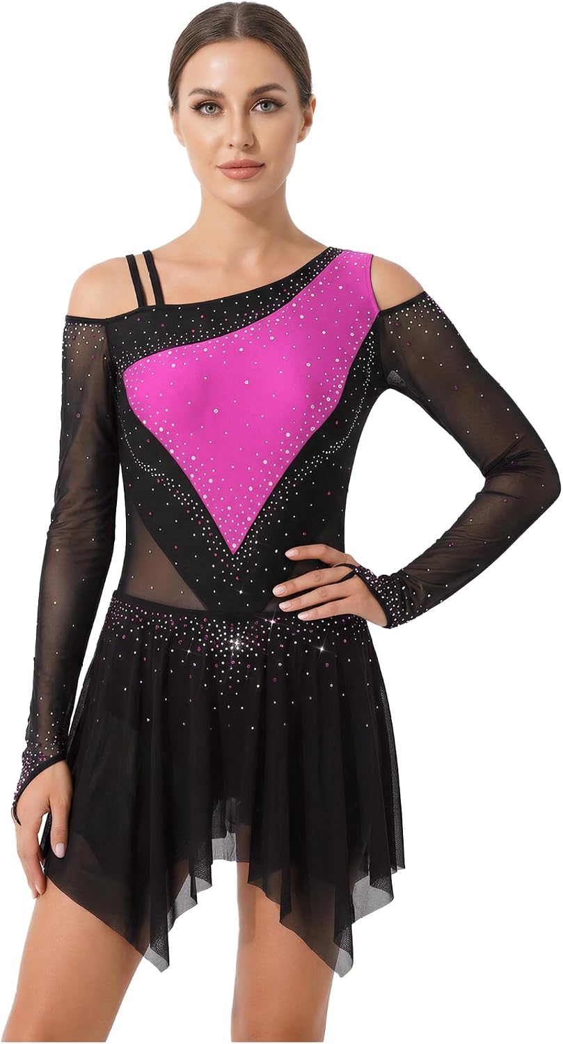 Women's Asymmetrical Shoulder Ice Figure Skating Dress Mesh Long Sleeve Lyrical Ballet Dance Dress