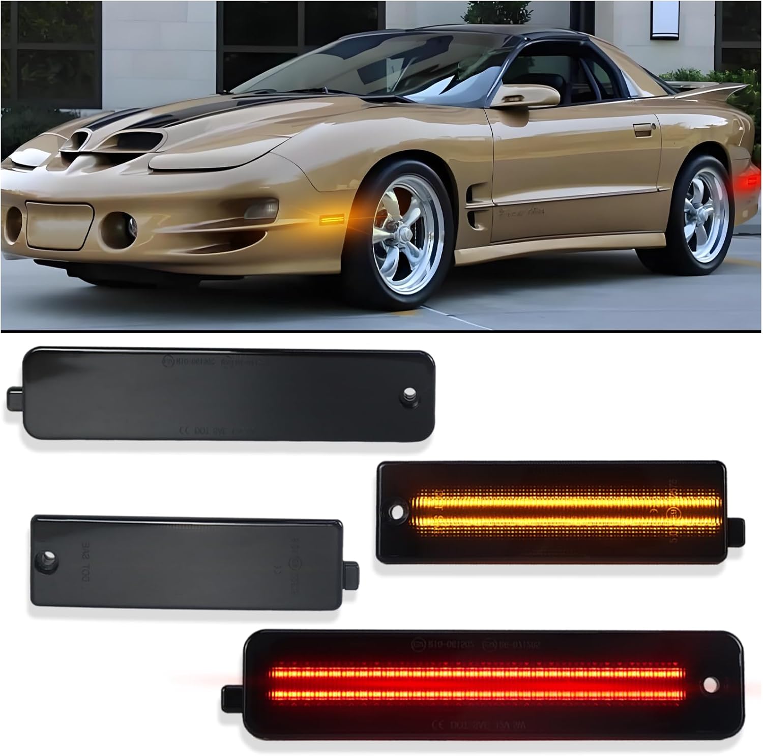 Smoked LED Side Marker Light Kit for 1998-2002 Pontiac Firebird Trans Am- Amber Front & Red Rear Turn Signals | 4-Piece Direct Fit Replacement