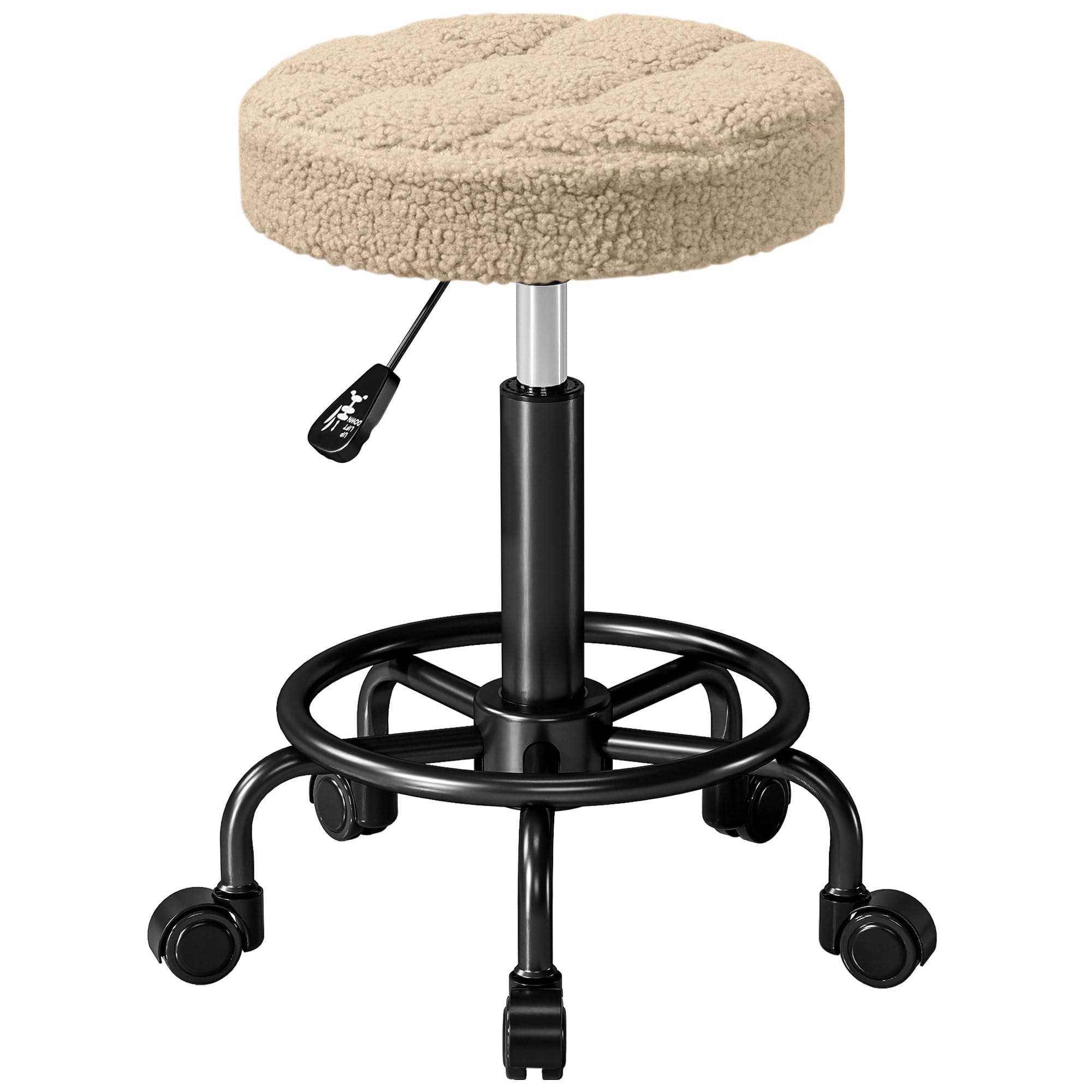 HOMCOM Round Swivel Stool with Wheels Height Adjustable 50-66 cm Seat Upholstered in Sheepskin Fabric for Living Rooms Workshops SPA Massage Light Brown