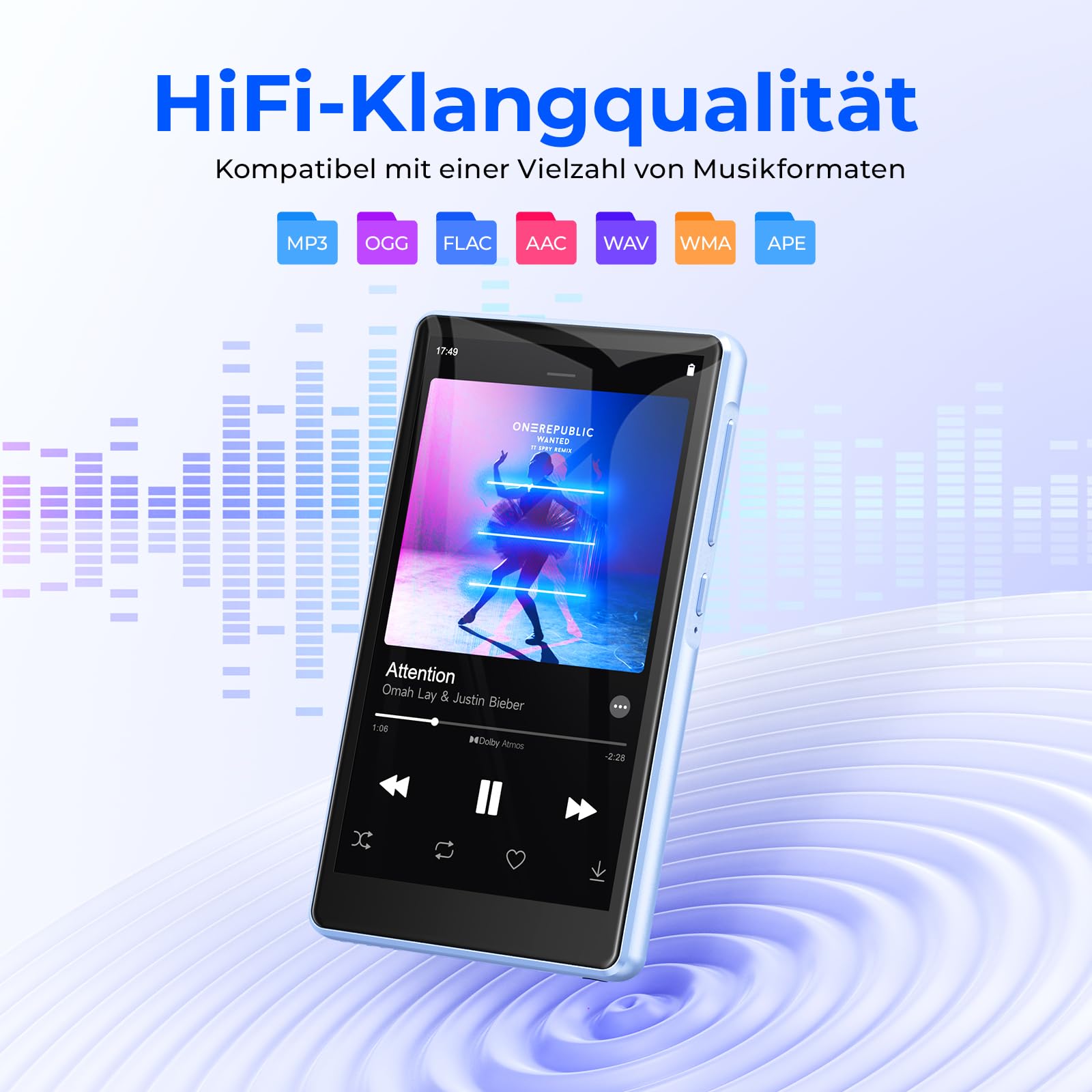 Android 13 MP3 Player Spotify mit Bluetooth und WiFi,4,5 Zoll mit 96GB | Musikplayer MP3 und MP4 Player für Kinder mit Libby, Audible und Spotify Kids,2000 mAh Akku，Erweiterbare 1-TB-Speicherkarte