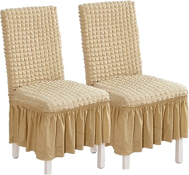 2 Pack Stretch Elastic Dining Chair Covers with Skirt, Washable, Beige