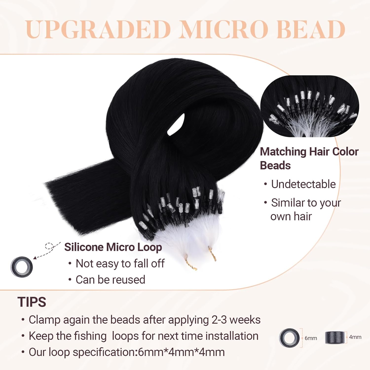 MAXITA Microlink Hair Extensions Human Hair, Jet Black Micro Bead Hair Extensions Real Human Hair, 50g/50 Strands/Pack, 16 In