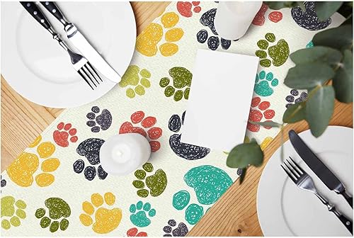 HOSNYE Camino de mesa colorido con patas dibujadas a mano, camino de mesa de lino de algodón para decoración de cocina, mesa familiar, mesa de cena,