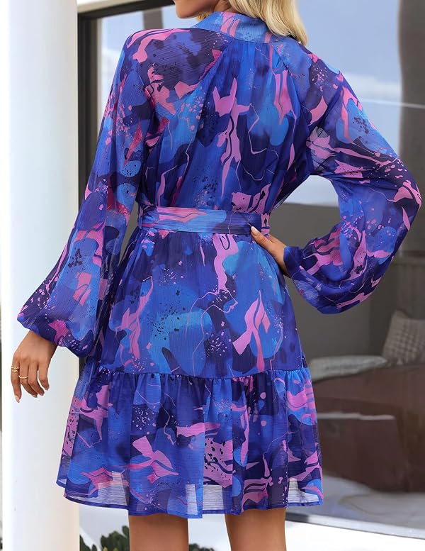 ZESICA Womens Spring Summer Floral Mini Dress Long Sleeve Button Chiffon A Line Swing Short Wedding Guest Party Dresses Royal Blue Small by ZESICA - Image 3