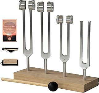 Tuning Forks for Healing Set, Frequency 128Hz, 136.1Om, 256Hz, 384Hz, Sound Healing Instruments Including Unique Bamboo Display Tray and Detailed User Guide, Yoga and Meditation Accessories