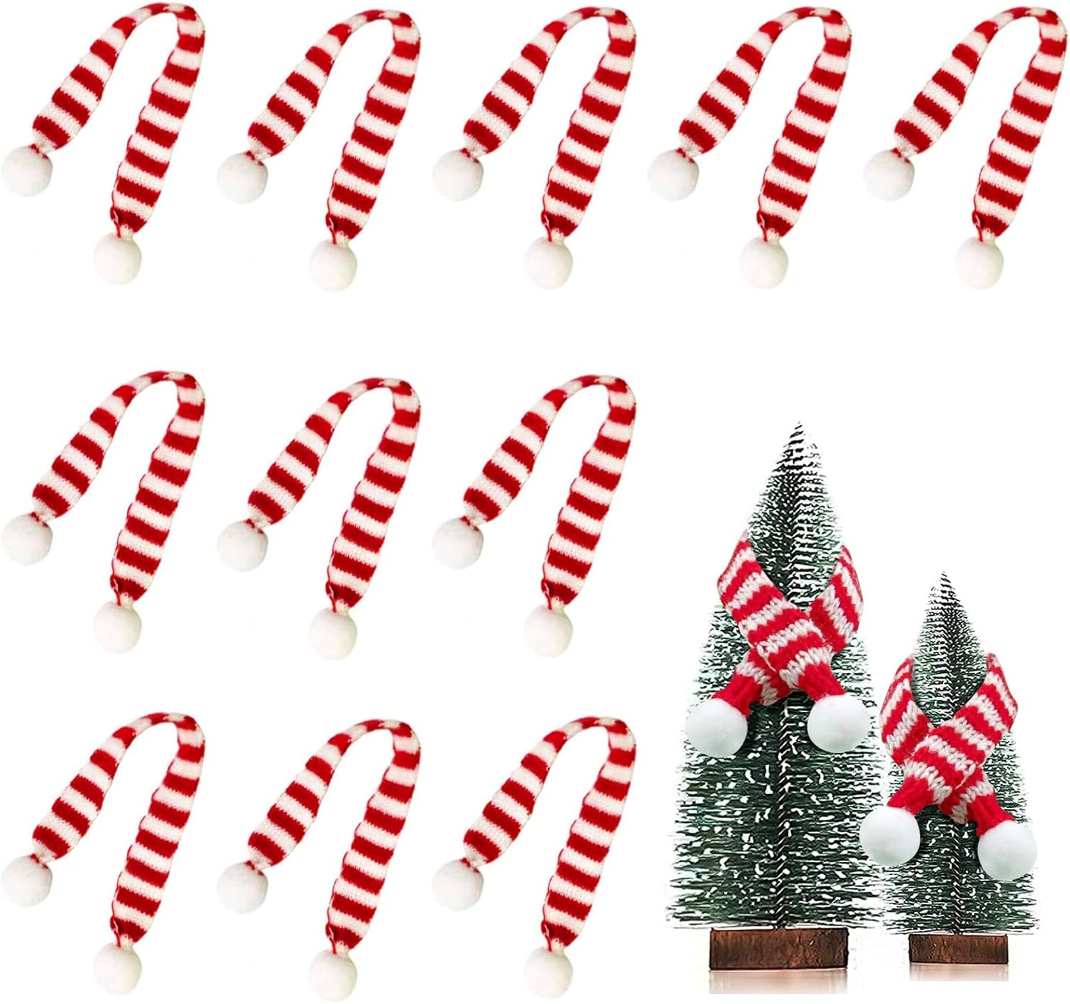Hemoton Mini Christmas Scarf Set 12Pcs Red White Striped Knit Scarves with Pom Pom Decoration for Wine Bottles Holiday Party Home Entertaining