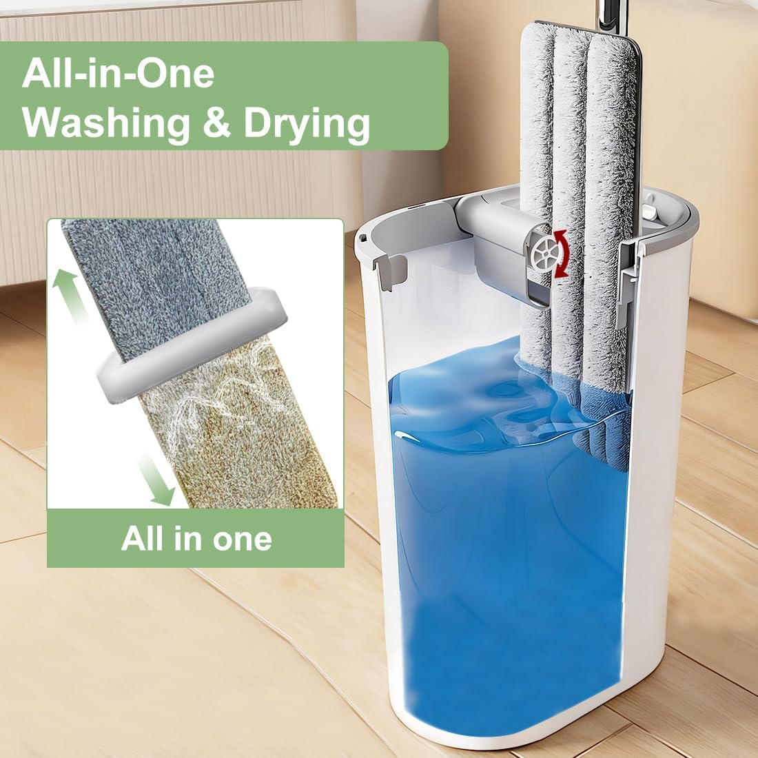 CQT Self-Wringing Mop and Bucket Set for Home Long Handle Flat Mop with 8 Washable Microfiber Pads