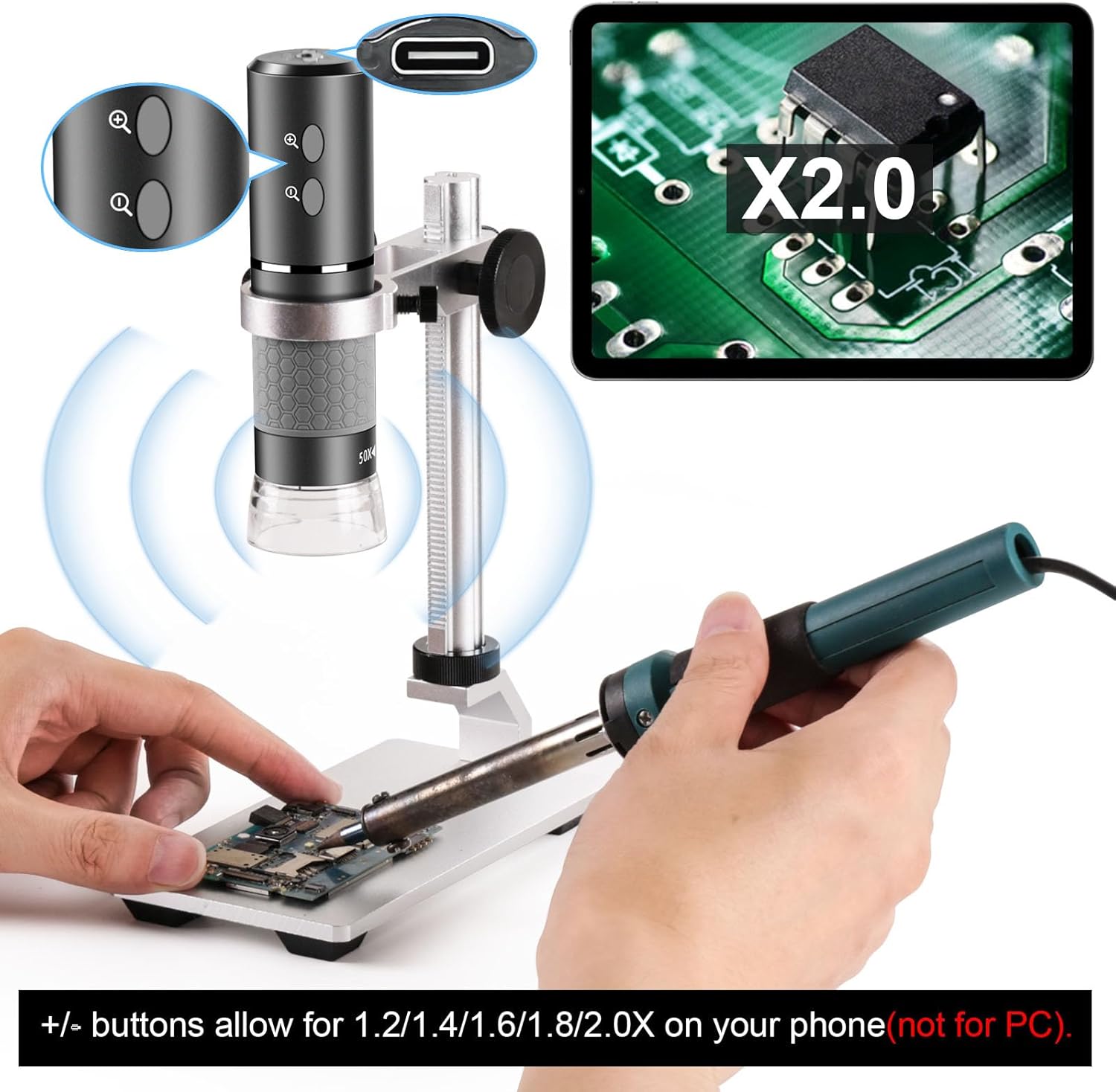 Ninyoon 4K Digital USB Microscope showing zoom buttons and a soldering task, with a magnified view on a tablet.