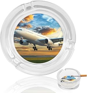 Passenger Plane Airport Sunrise Round Glass Ashtray for Cigarettes Cigar Cute Ash Tray Holder for Home Office Outdoor Indoor