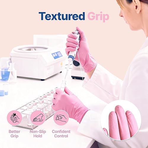Miniatura 3 de Schneider - Guantes desechables de nitrilo de 4 mil, color rosa, libres de látex y polvo, guantes para cocinar, limpiar y examinar