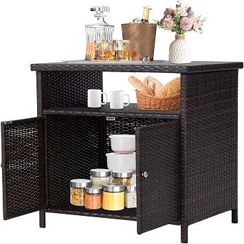 Wicker Outdoor Bar Table for Patio and Buffet Use with Aluminum Tabletop, Rattan Weave, Ample Storage Space Including Desktop, Open Shelves, Closed Cabinets with Doors and Metal Handles, Brown