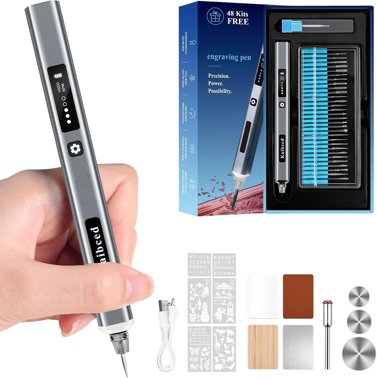 Stylo de gravure sans fil Kaibced avec 48 kits et écran LED, stylo sans fil 5 vitesses pour métal, bois, verre, plastique et tous les matériaux, cadeau d'artisanat rechargeable USB pour les débutants